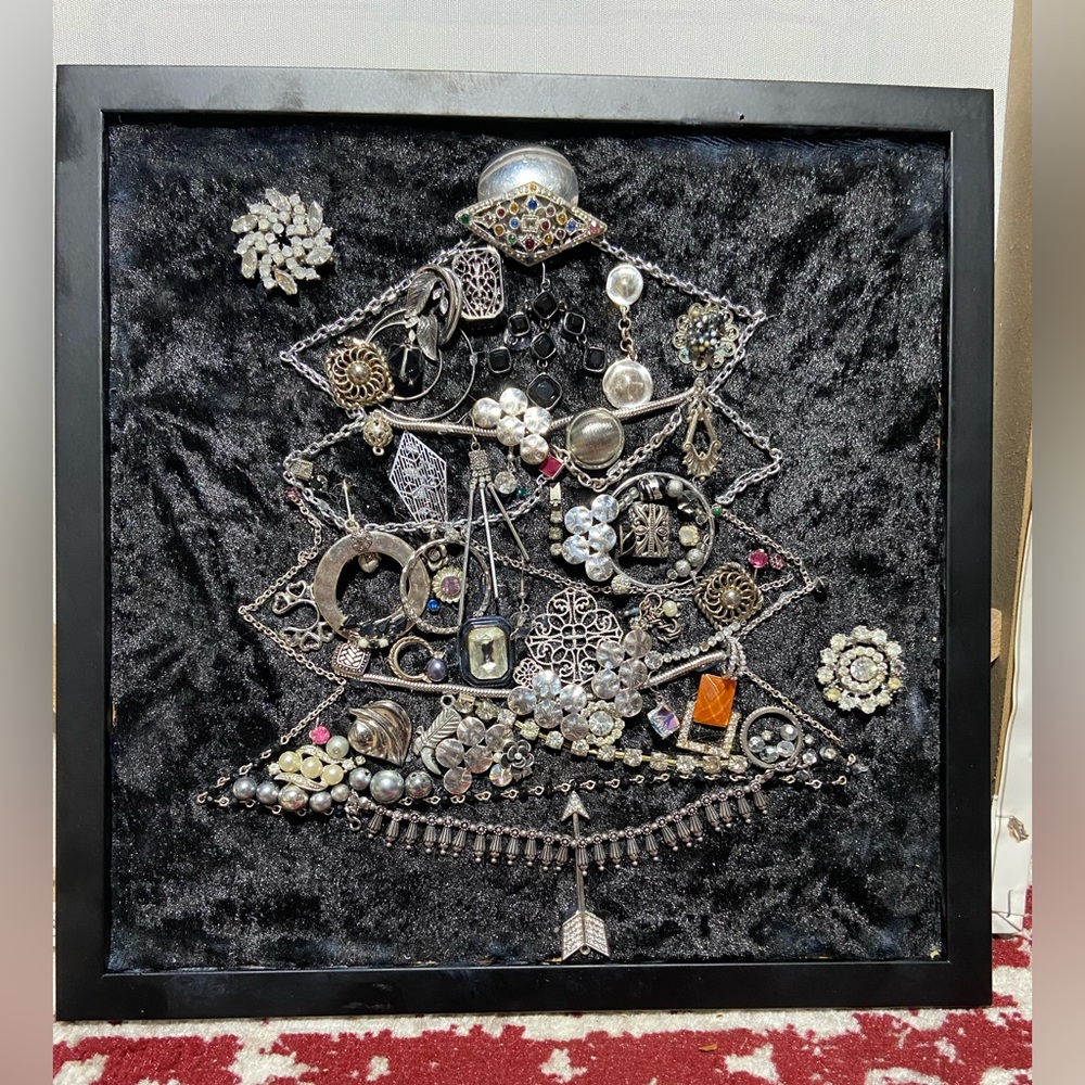 OOAK Handmade Framed Vintage & Modern Costume Jewelry Christmas Tree Mosaic Art.